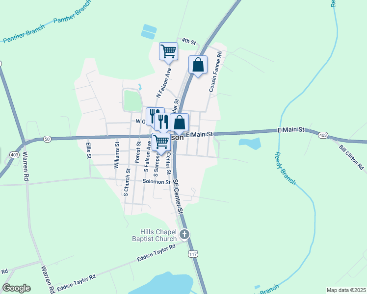 map of restaurants, bars, coffee shops, grocery stores, and more near 112 South Hill Street in Faison