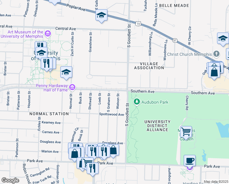 map of restaurants, bars, coffee shops, grocery stores, and more near 575 Southern Place in Memphis