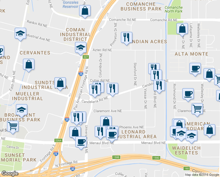 map of restaurants, bars, coffee shops, grocery stores, and more near Princeton Dr NE in Albuquerque