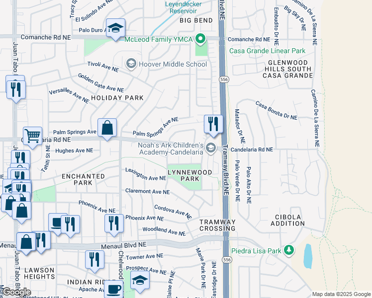 map of restaurants, bars, coffee shops, grocery stores, and more near 2804 Lynne Court Northeast in Albuquerque