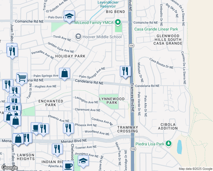 map of restaurants, bars, coffee shops, grocery stores, and more near 2804 Lynne Court Northeast in Albuquerque