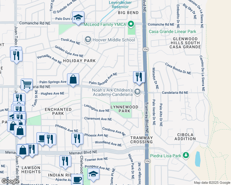 map of restaurants, bars, coffee shops, grocery stores, and more near 2804 Lynne Court Northeast in Albuquerque