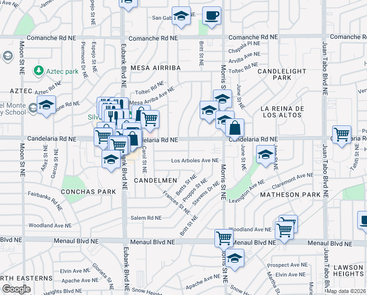 map of restaurants, bars, coffee shops, grocery stores, and more near 10109 Los Arboles Avenue Northeast in Albuquerque