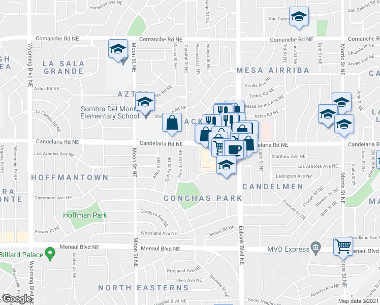 map of restaurants, bars, coffee shops, grocery stores, and more near 2800 Lexington Place Northeast in Albuquerque