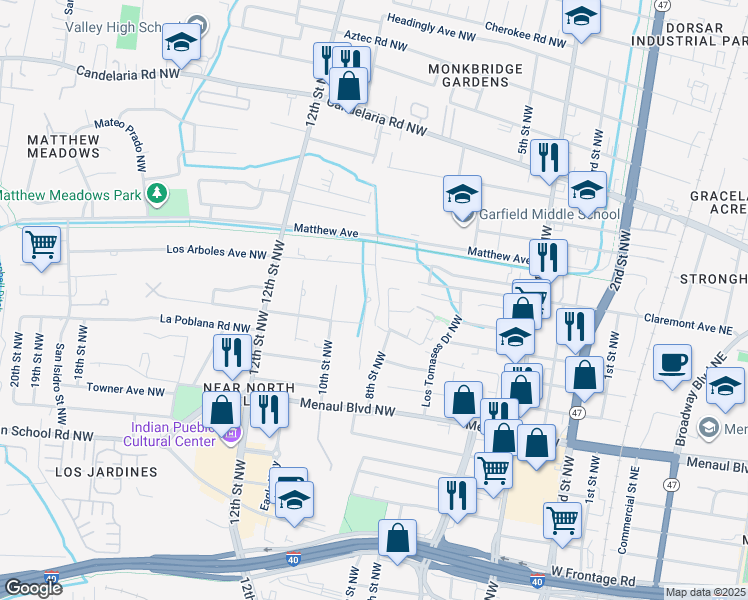 map of restaurants, bars, coffee shops, grocery stores, and more near 3100 9th Street Northwest in Albuquerque