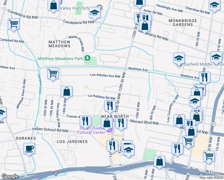 map of restaurants, bars, coffee shops, grocery stores, and more near 1237 La Poblana Road Northwest in Albuquerque