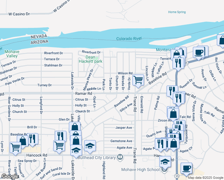 map of restaurants, bars, coffee shops, grocery stores, and more near 1190 Ramar Road in Bullhead City