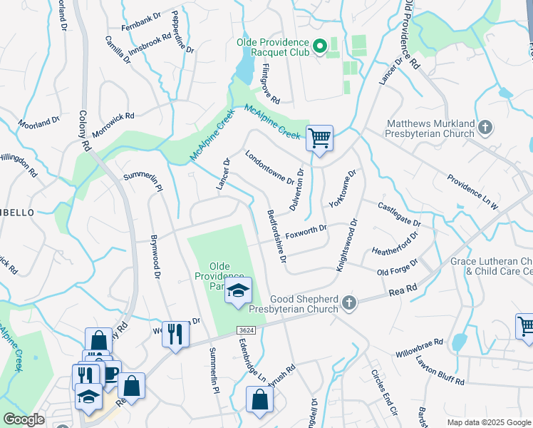 map of restaurants, bars, coffee shops, grocery stores, and more near 6741 Windyrush Road in Charlotte