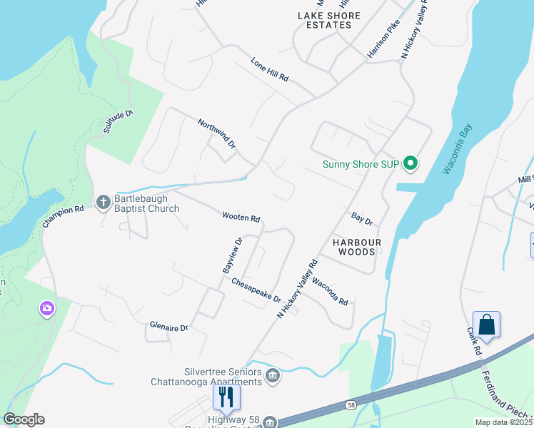 map of restaurants, bars, coffee shops, grocery stores, and more near 8942 Drake Parkway Road in Chattanooga