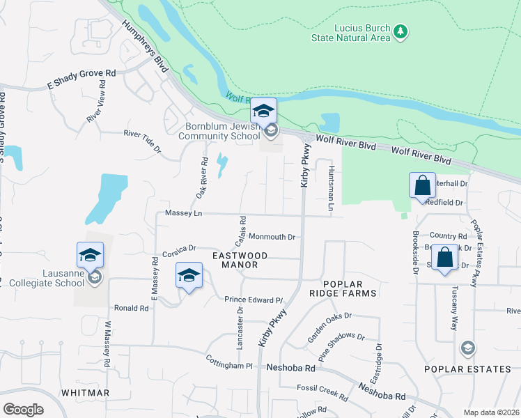 map of restaurants, bars, coffee shops, grocery stores, and more near 6617 Massey Lane in Memphis