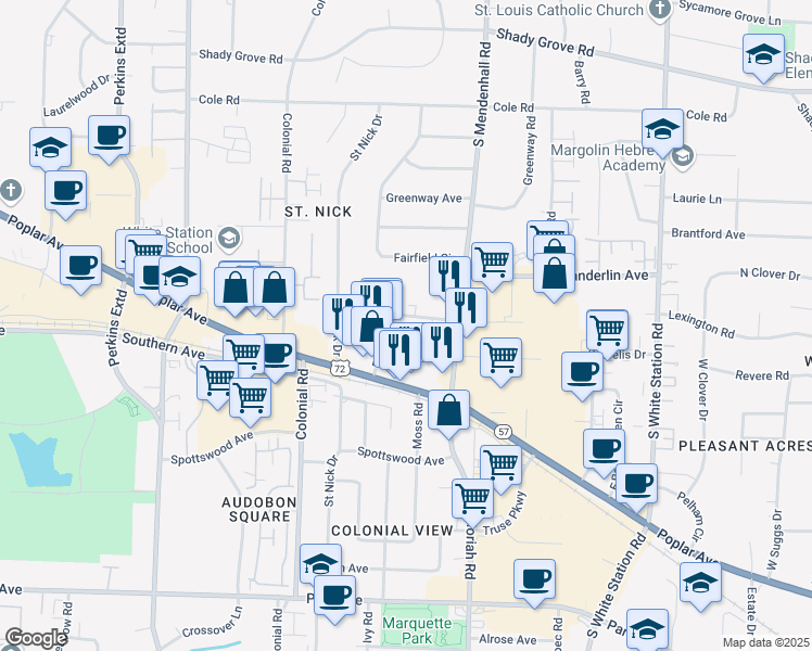 map of restaurants, bars, coffee shops, grocery stores, and more near 4928 Black Road in Memphis