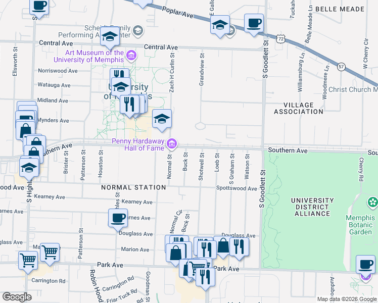map of restaurants, bars, coffee shops, grocery stores, and more near 598 Buck Street in Memphis