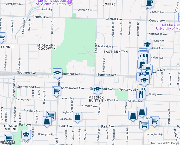 map of restaurants, bars, coffee shops, grocery stores, and more near 606 South Greer Street in Memphis