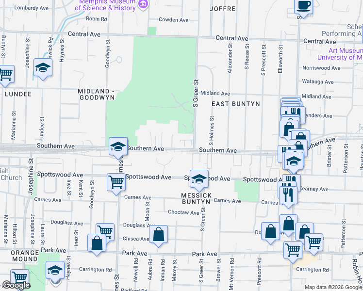 map of restaurants, bars, coffee shops, grocery stores, and more near 620 Safari Drive in Memphis