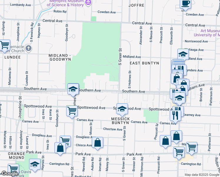 map of restaurants, bars, coffee shops, grocery stores, and more near 620 Safari Drive in Memphis