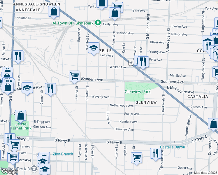 map of restaurants, bars, coffee shops, grocery stores, and more near 1643 East McLemore Avenue in Memphis