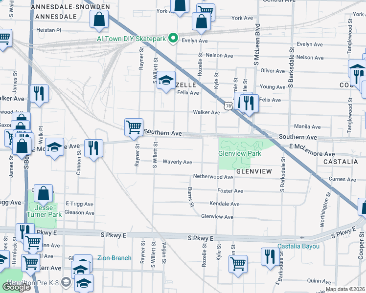 map of restaurants, bars, coffee shops, grocery stores, and more near 1643 East McLemore Avenue in Memphis
