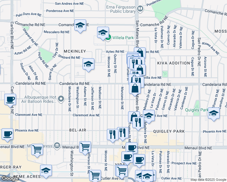 map of restaurants, bars, coffee shops, grocery stores, and more near 2929 Quincy Street Northeast in Albuquerque