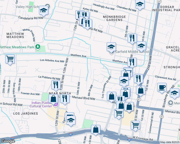 map of restaurants, bars, coffee shops, grocery stores, and more near 3100 9th Street Northwest in Albuquerque