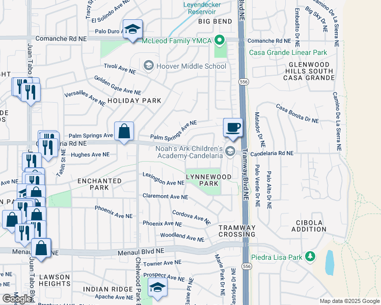 map of restaurants, bars, coffee shops, grocery stores, and more near 12304 Candelaria Road Northeast in Albuquerque