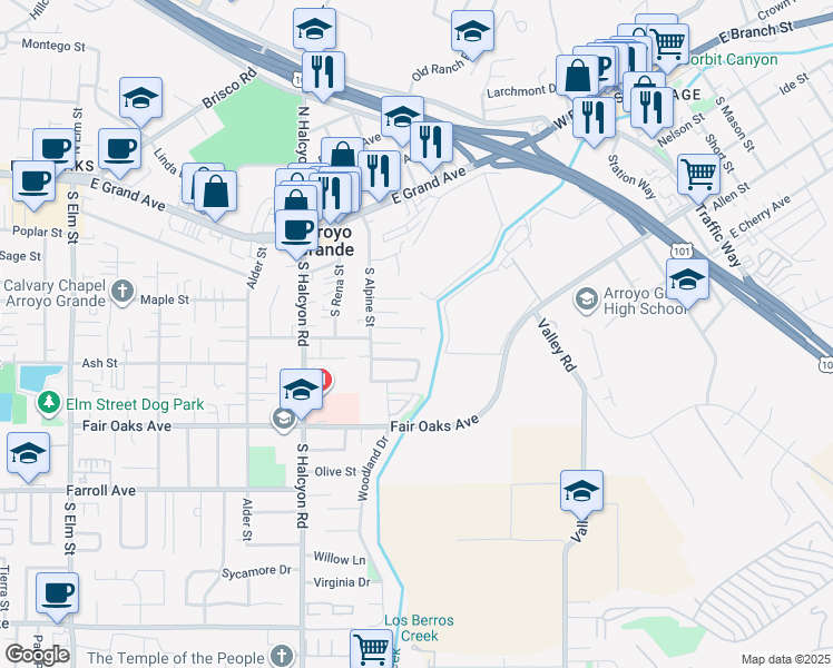 map of restaurants, bars, coffee shops, grocery stores, and more near 601 Cerro Vista Circle in Arroyo Grande