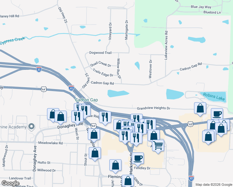 map of restaurants, bars, coffee shops, grocery stores, and more near 1300 Grandview Heights Drive in Conway