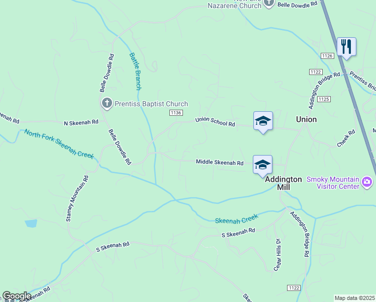 map of restaurants, bars, coffee shops, grocery stores, and more near Middle Skeenah Road in Franklin