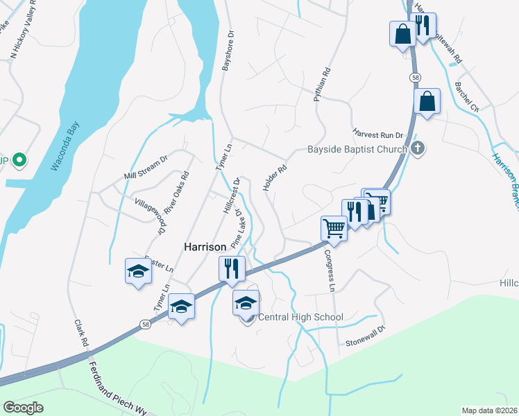 map of restaurants, bars, coffee shops, grocery stores, and more near 6013 Hillcrest Drive in Harrison
