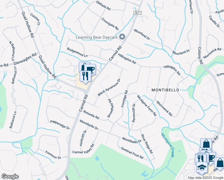 map of restaurants, bars, coffee shops, grocery stores, and more near 5800 McAlpine Farm Road in Charlotte