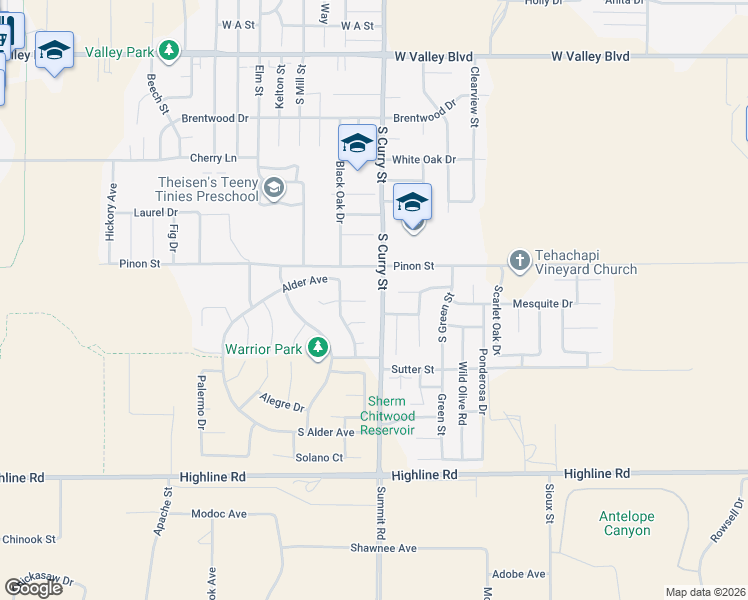 map of restaurants, bars, coffee shops, grocery stores, and more near 1201 South Curry Street in Tehachapi