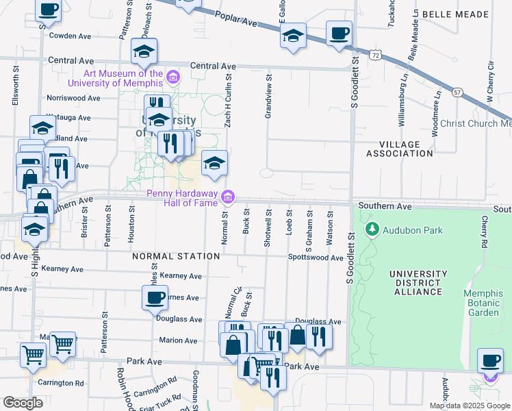map of restaurants, bars, coffee shops, grocery stores, and more near 3901 Southern Avenue in Memphis
