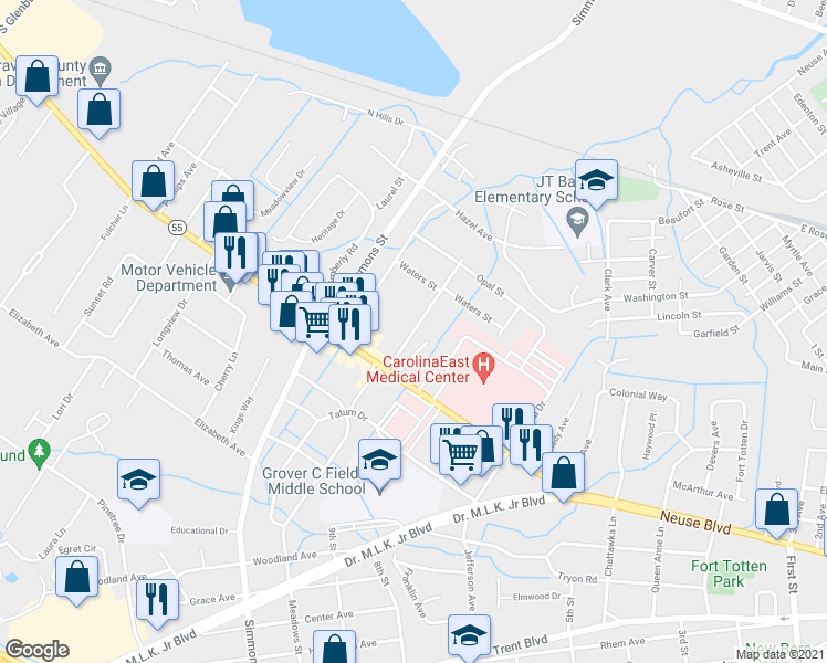 map of restaurants, bars, coffee shops, grocery stores, and more near 1309 Helen Avenue in New Bern