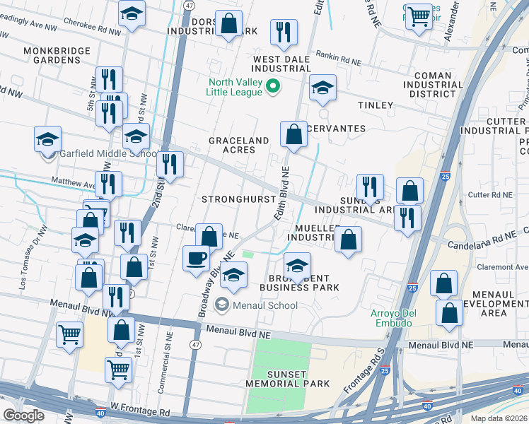 map of restaurants, bars, coffee shops, grocery stores, and more near 2901 Edith Boulevard Northeast in Albuquerque