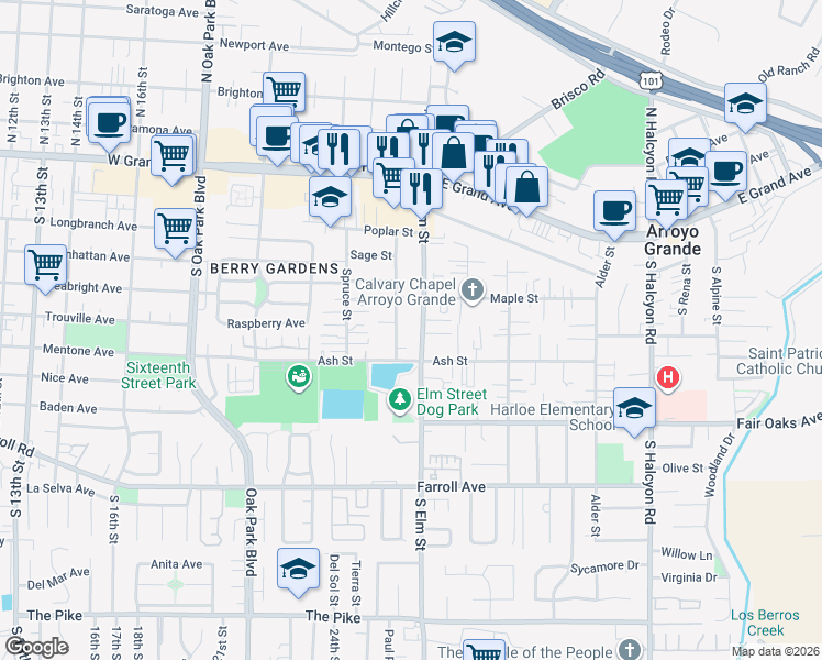 map of restaurants, bars, coffee shops, grocery stores, and more near 232 South Elm Street in Arroyo Grande