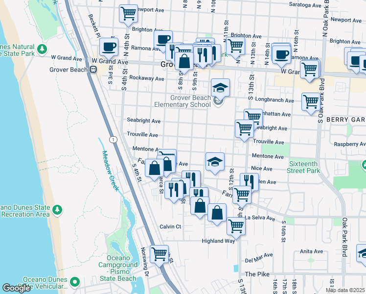 map of restaurants, bars, coffee shops, grocery stores, and more near 882 Mentone Avenue in Grover Beach