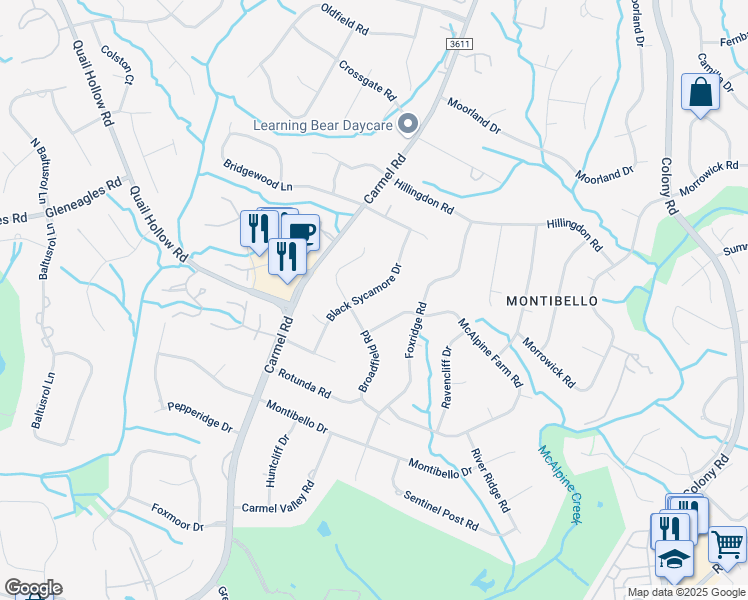 map of restaurants, bars, coffee shops, grocery stores, and more near 5800 McAlpine Farm Road in Charlotte