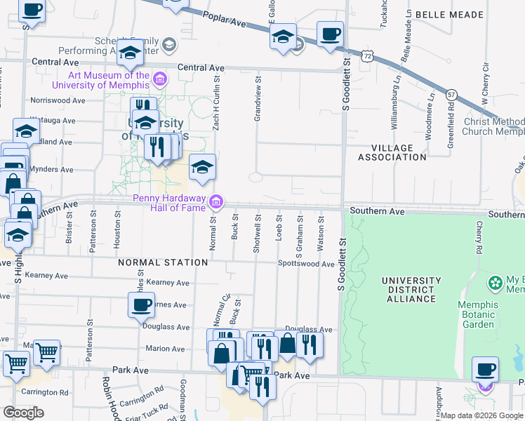 map of restaurants, bars, coffee shops, grocery stores, and more near 596 Shotwell Street in Memphis