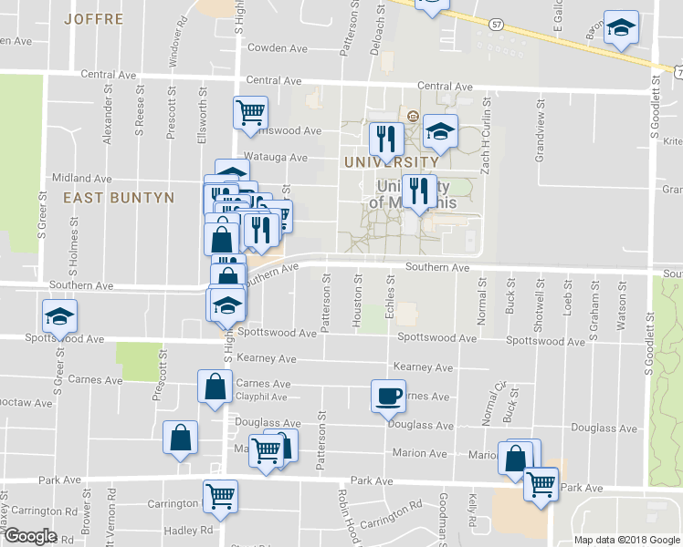 map of restaurants, bars, coffee shops, grocery stores, and more near 599 Houston Street in Memphis