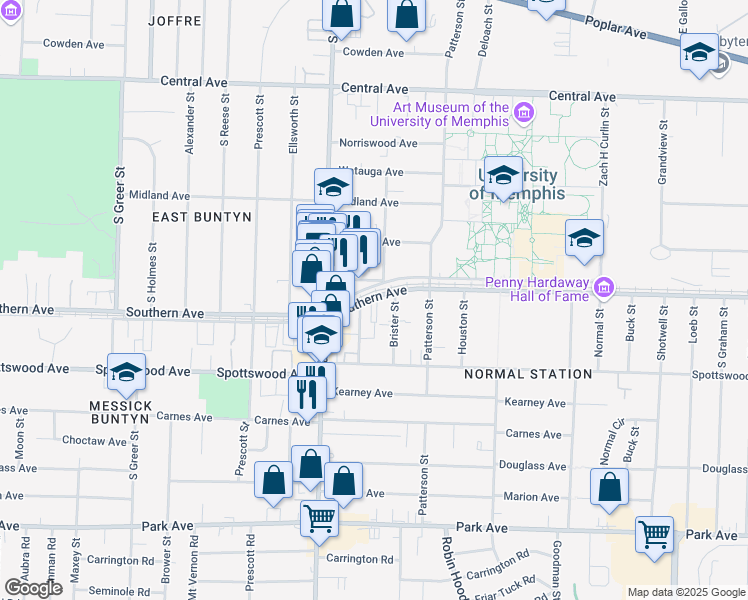 map of restaurants, bars, coffee shops, grocery stores, and more near 609 Brister Street in Memphis