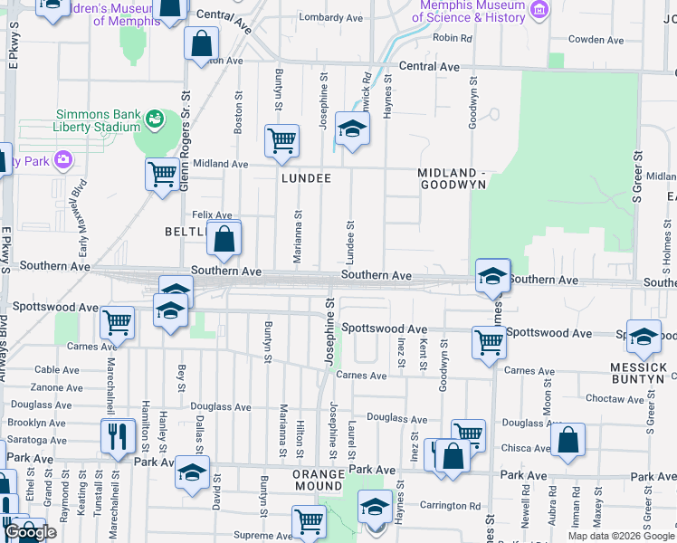 map of restaurants, bars, coffee shops, grocery stores, and more near in Memphis