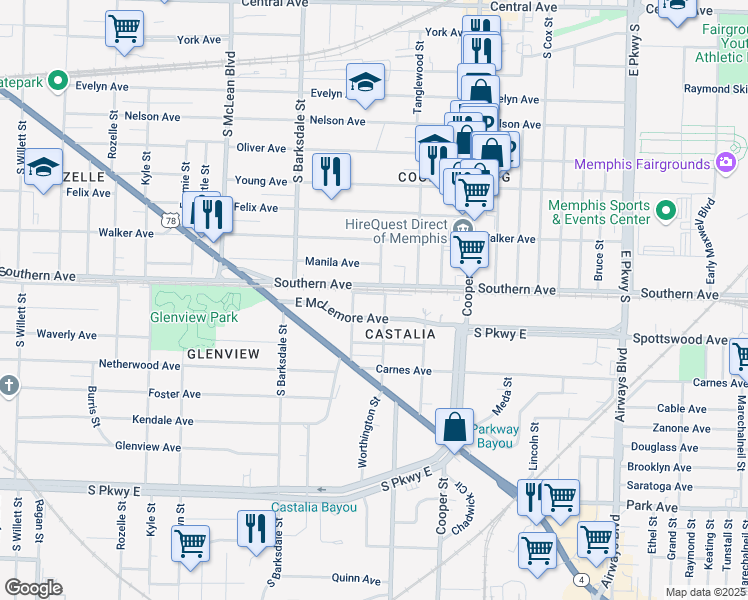 map of restaurants, bars, coffee shops, grocery stores, and more near 2011 East McLemore Avenue in Memphis