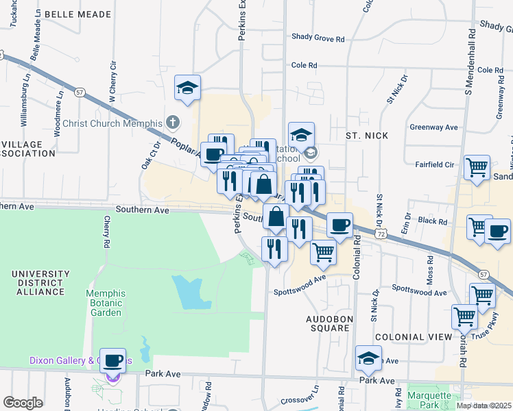 map of restaurants, bars, coffee shops, grocery stores, and more near 4615 Poplar Avenue in Memphis