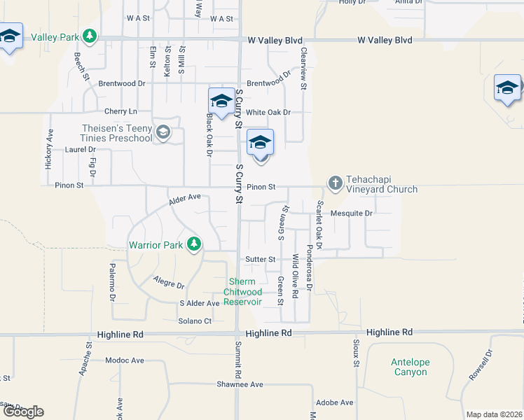 map of restaurants, bars, coffee shops, grocery stores, and more near 116 Sunrise Way in Tehachapi