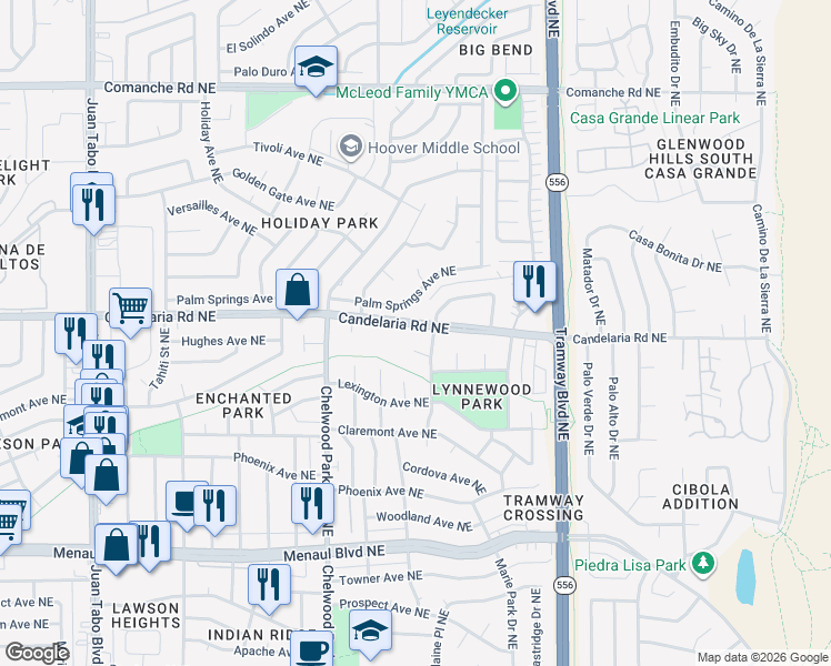 map of restaurants, bars, coffee shops, grocery stores, and more near 12218 Eric Court Northeast in Albuquerque