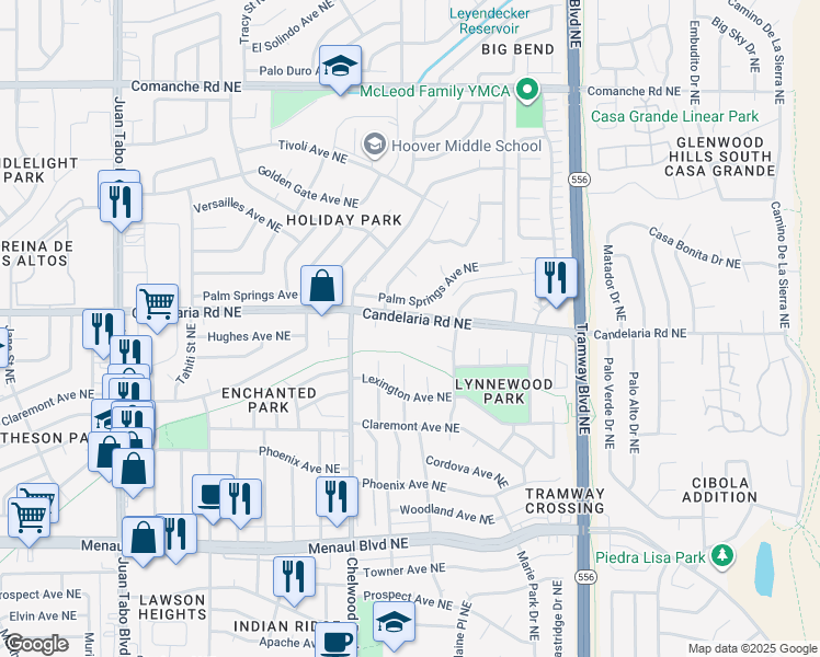 map of restaurants, bars, coffee shops, grocery stores, and more near 12050 Candelaria Road Northeast in Albuquerque