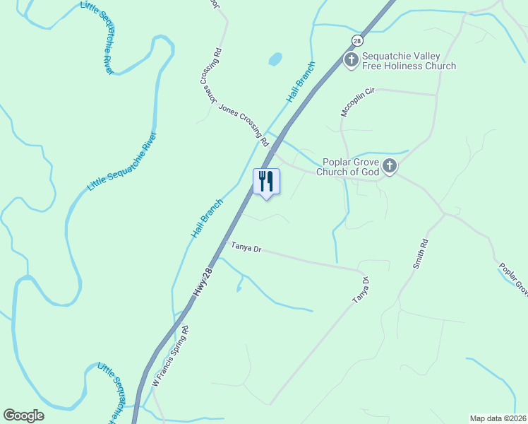 map of restaurants, bars, coffee shops, grocery stores, and more near 7054 Tennessee 28 in Whitwell