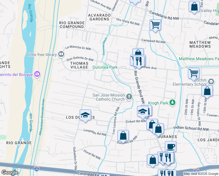 map of restaurants, bars, coffee shops, grocery stores, and more near 2304 Rozinante Drive Northwest in Albuquerque