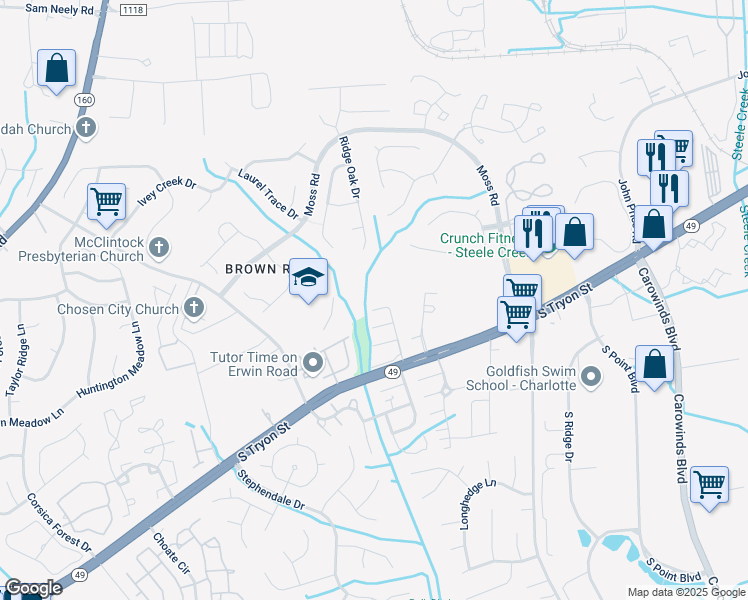 map of restaurants, bars, coffee shops, grocery stores, and more near 10823 Garden Oaks Lane in Charlotte