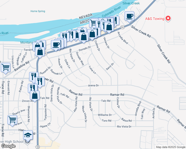 map of restaurants, bars, coffee shops, grocery stores, and more near 1450 Luna Lane in Bullhead City