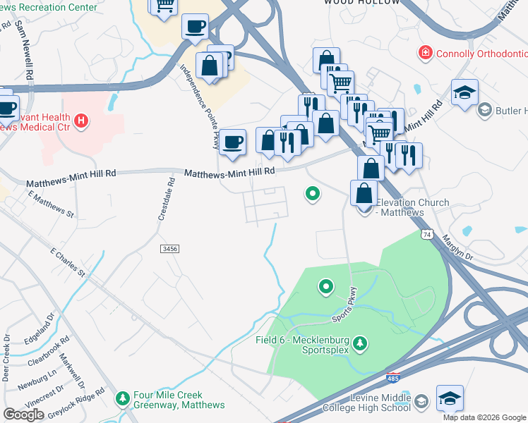 map of restaurants, bars, coffee shops, grocery stores, and more near 10731 Surrey Green Lane in Matthews